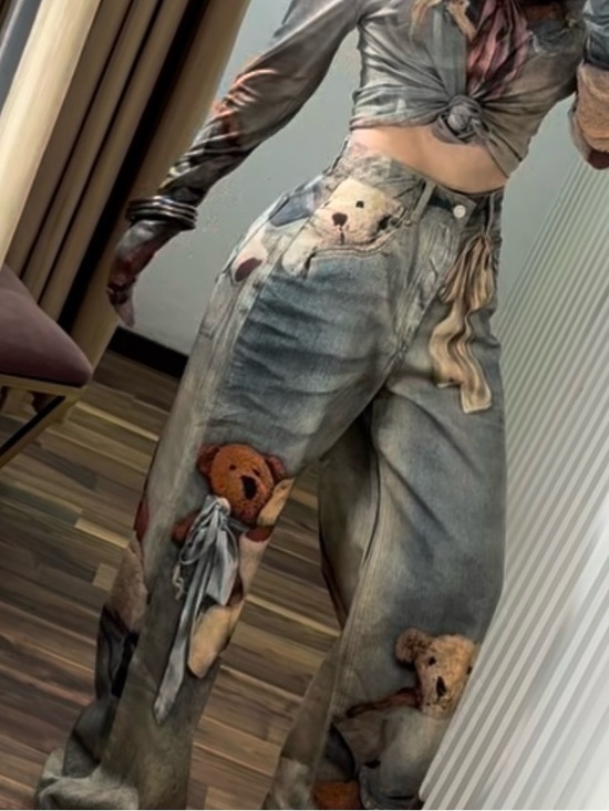 Othr Denim - Wide-Leg Teddy Beat Print Jeans in Washed Blue and Brown